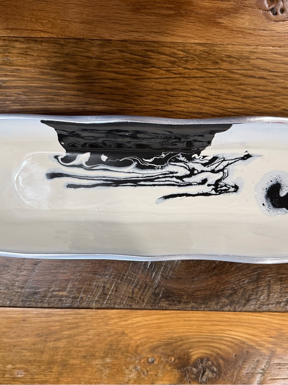 Nima Oberoi Lunares Fused Art Glass Tray Abstract Black White 11x3 Rect